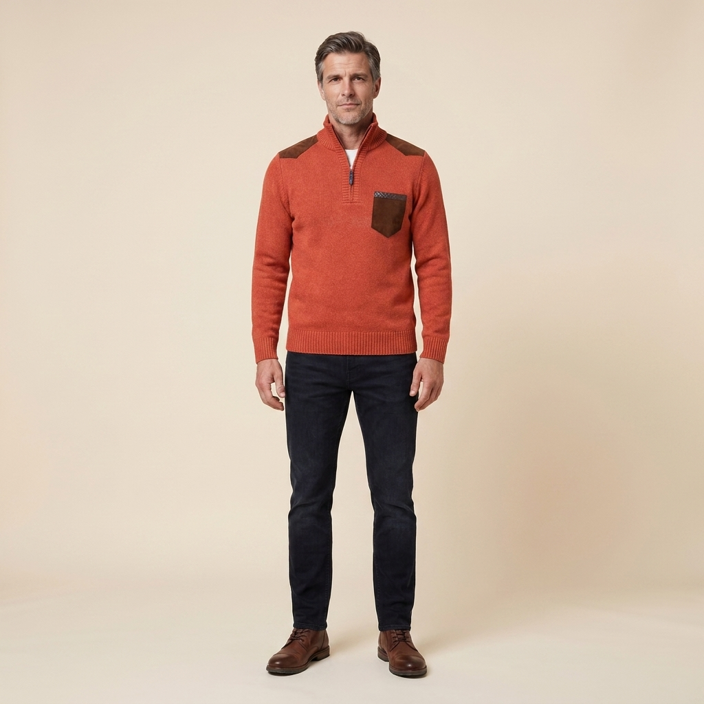 Haven men's quarter-zip sweater in orange, front view on model