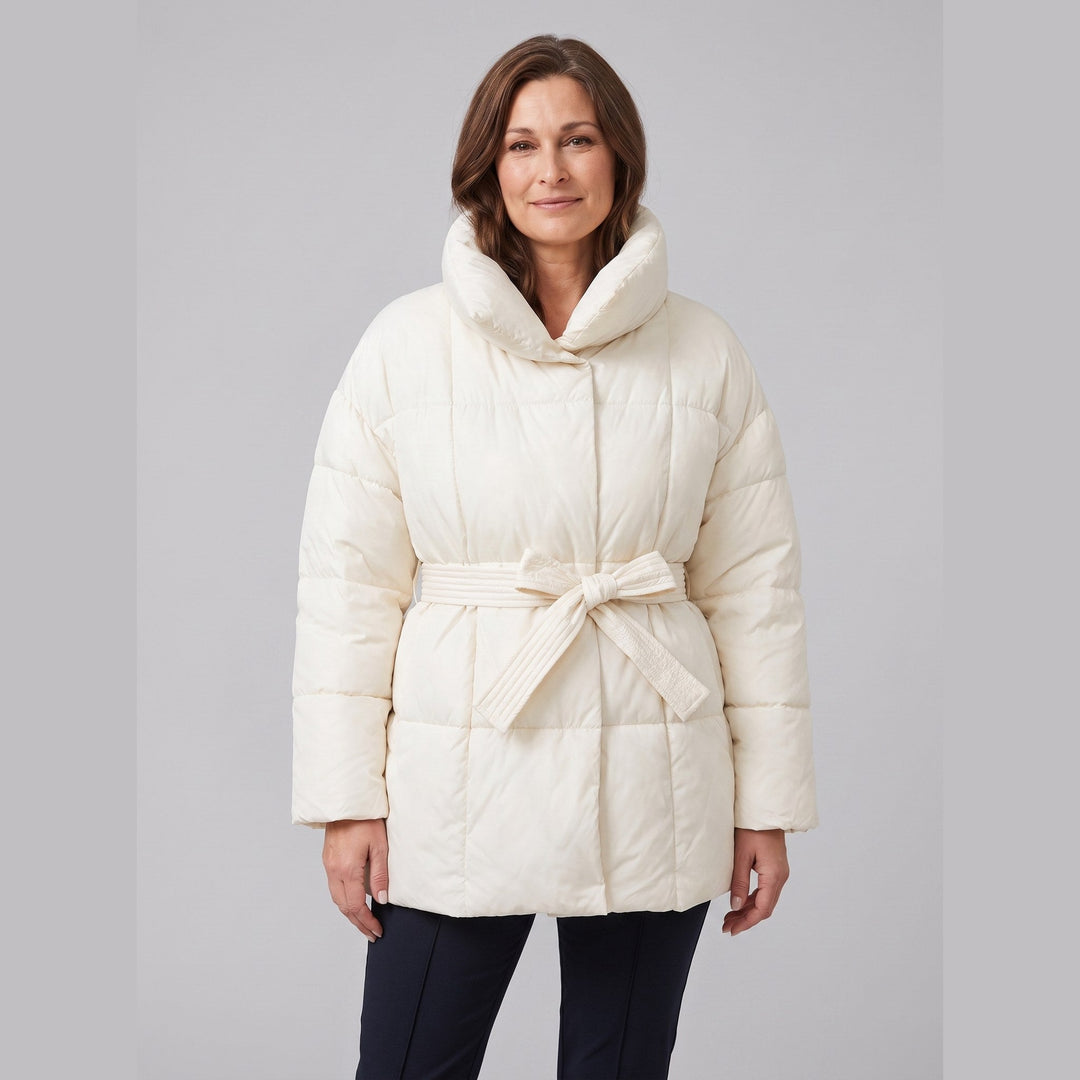 Hazel belted puffer coat in cream white on model