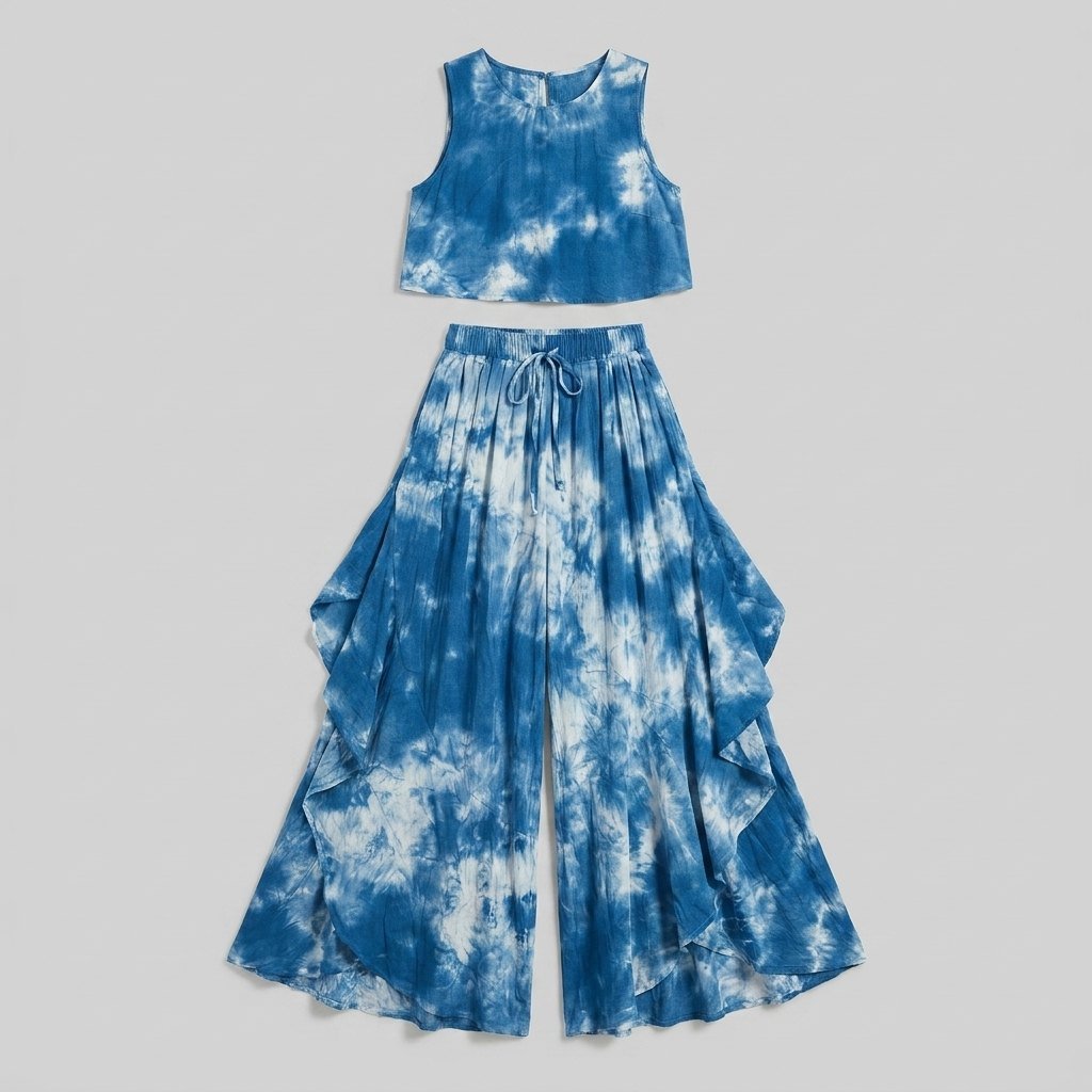 Helene blue tie-dye blouse and wide-leg pants set, flat lay