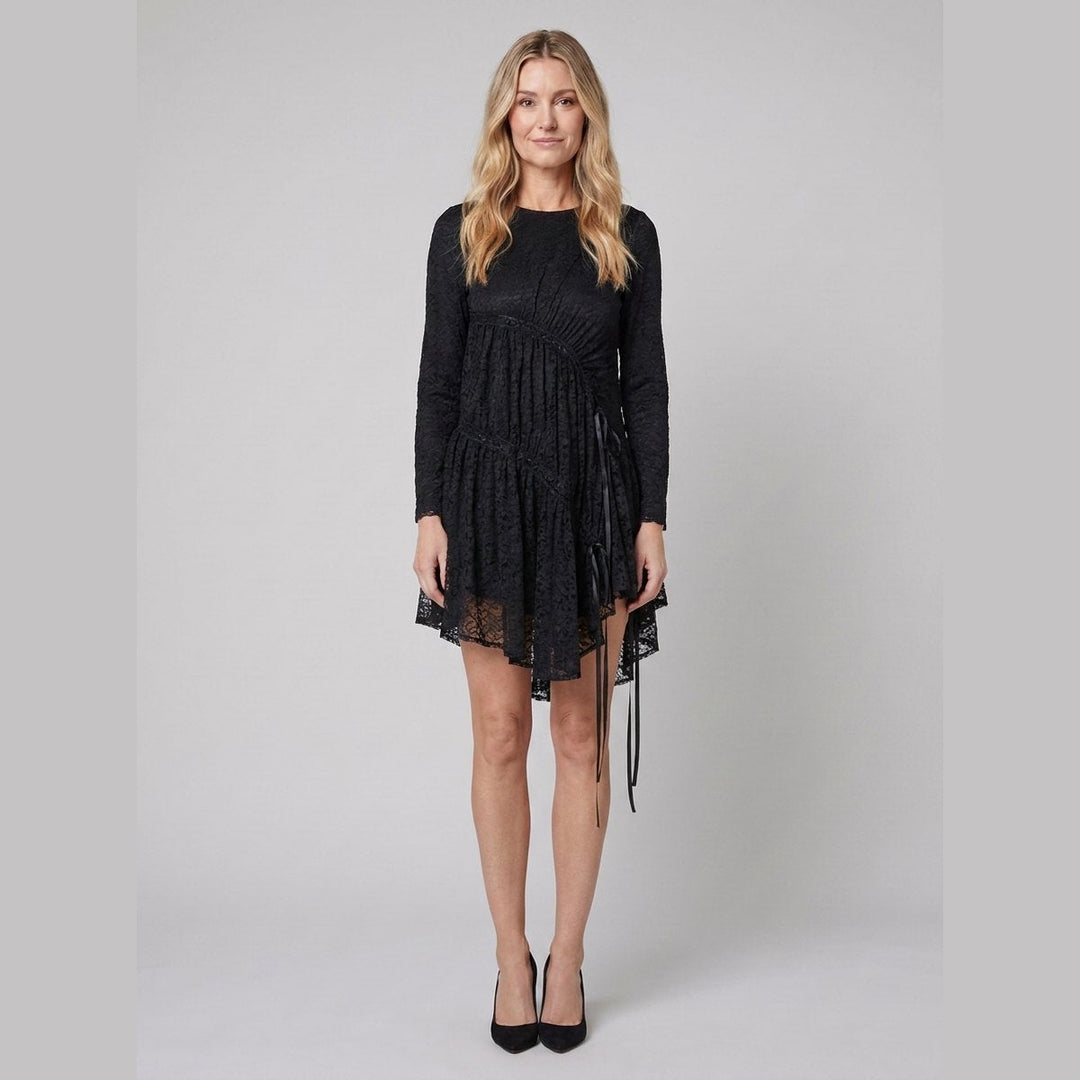 Hera Lace Dress coal black ruched tiered midi front on model