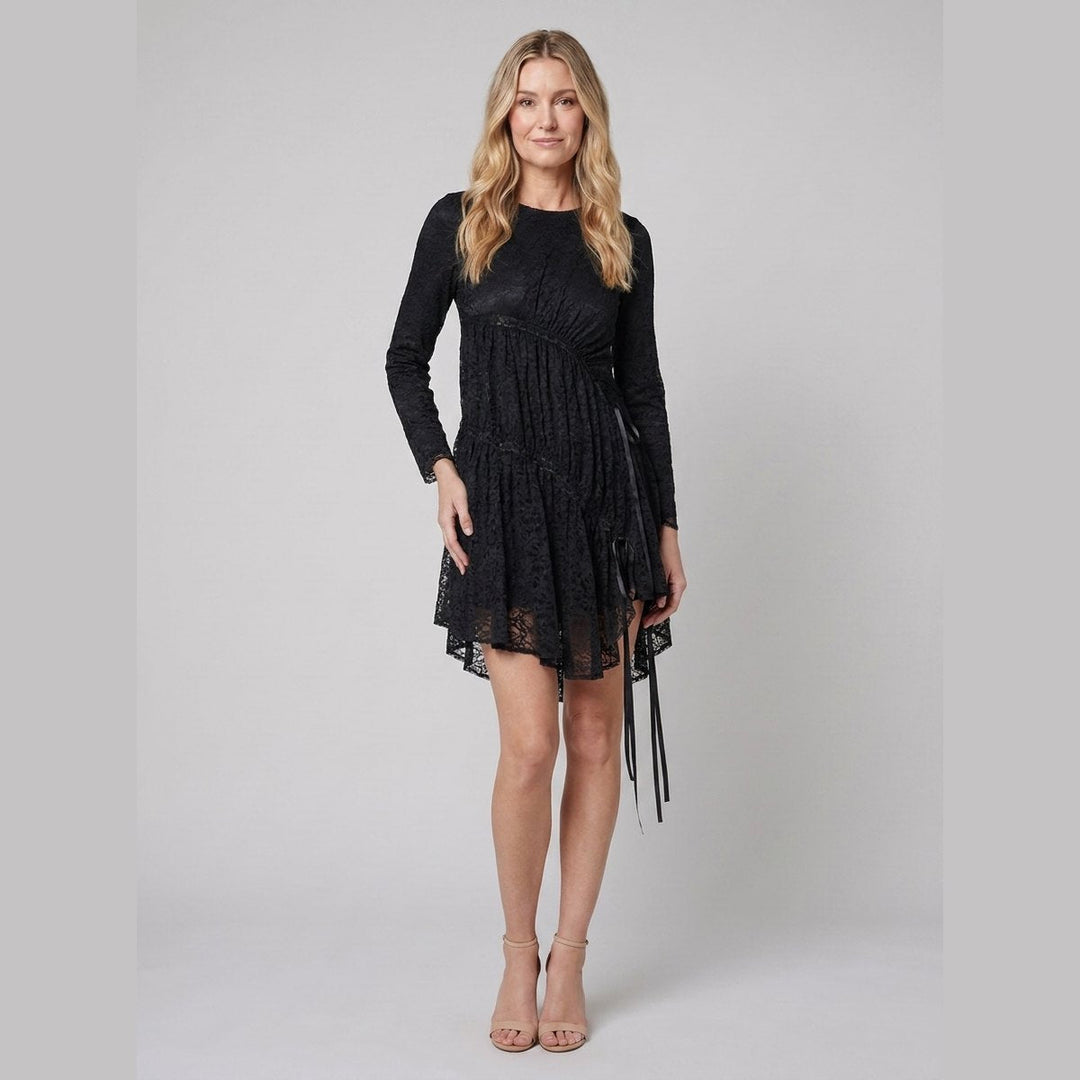 Hera Lace Dress coal black three-quarter pose on model
