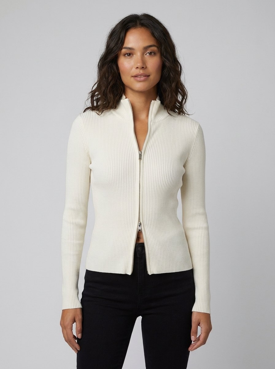 Holly double-zip ribbed knit top in white