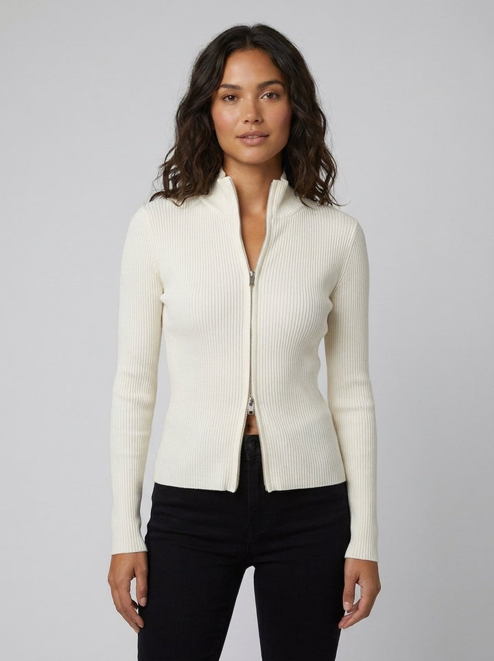 Holly double-zip ribbed knit top in white