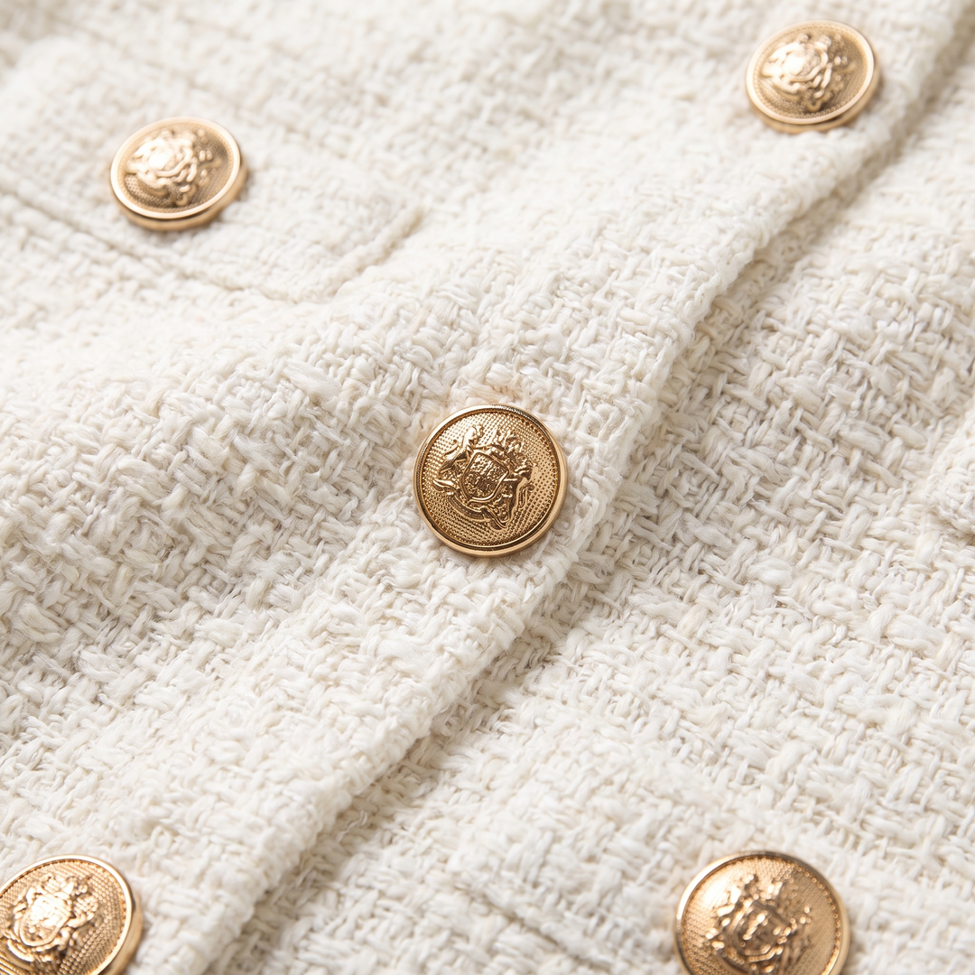 Hortense tweed fabric and gold button detail
