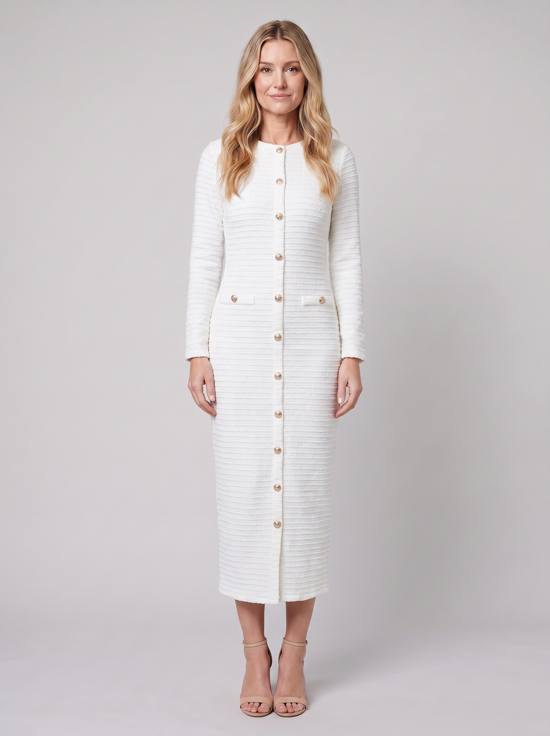 Hortense tweed midi dress white front on model