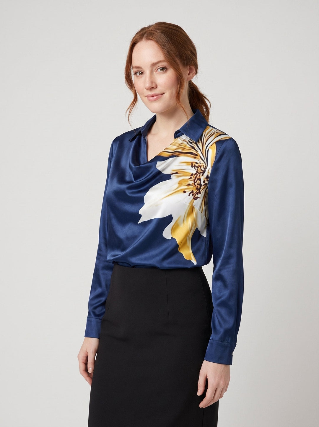 Ikata shiny satin blouse in dark blue with floral print