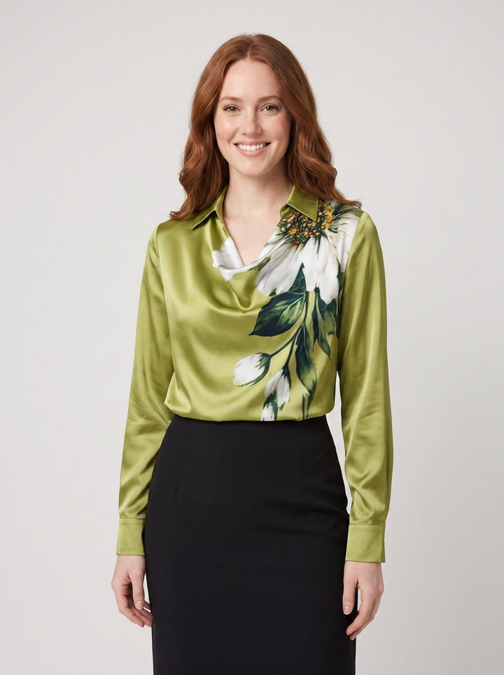 Ikata shiny satin blouse in green with floral print