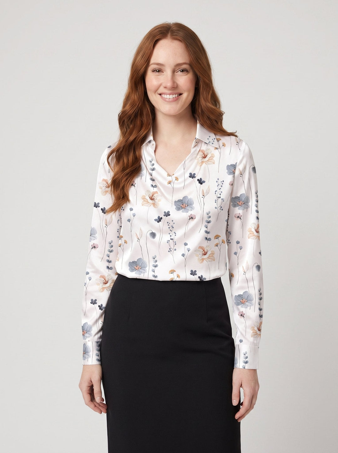 Ikata shiny satin blouse in white with floral print
