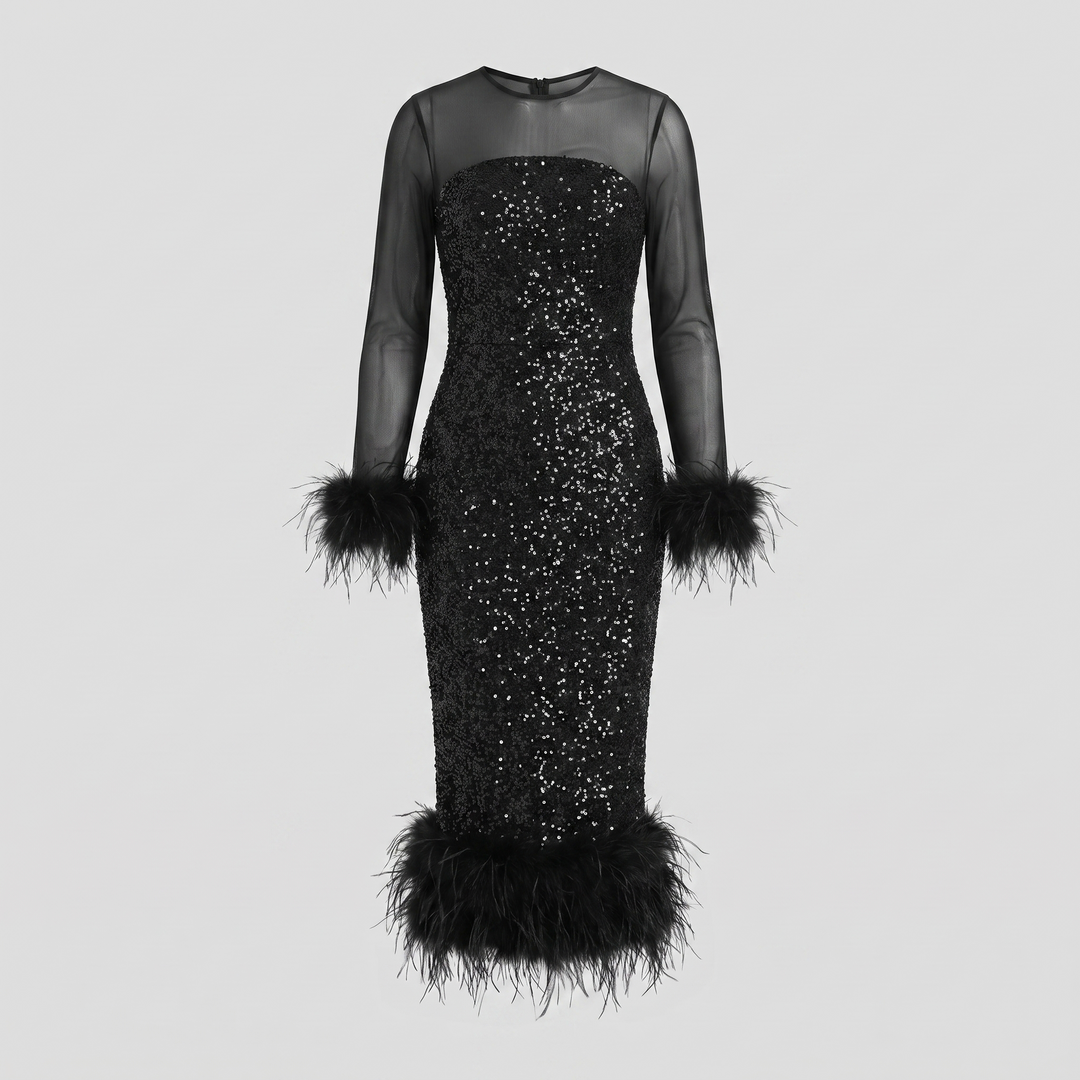 Black sequin midi dress laid flat, full garment