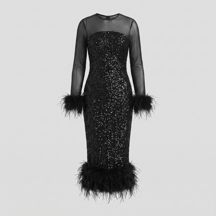 Black sequin midi dress laid flat, full garment