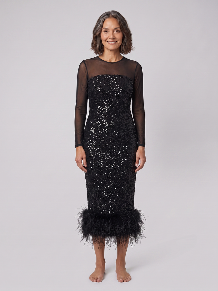 Black sequin midi dress with mesh sleeves and feather hem, front view on model