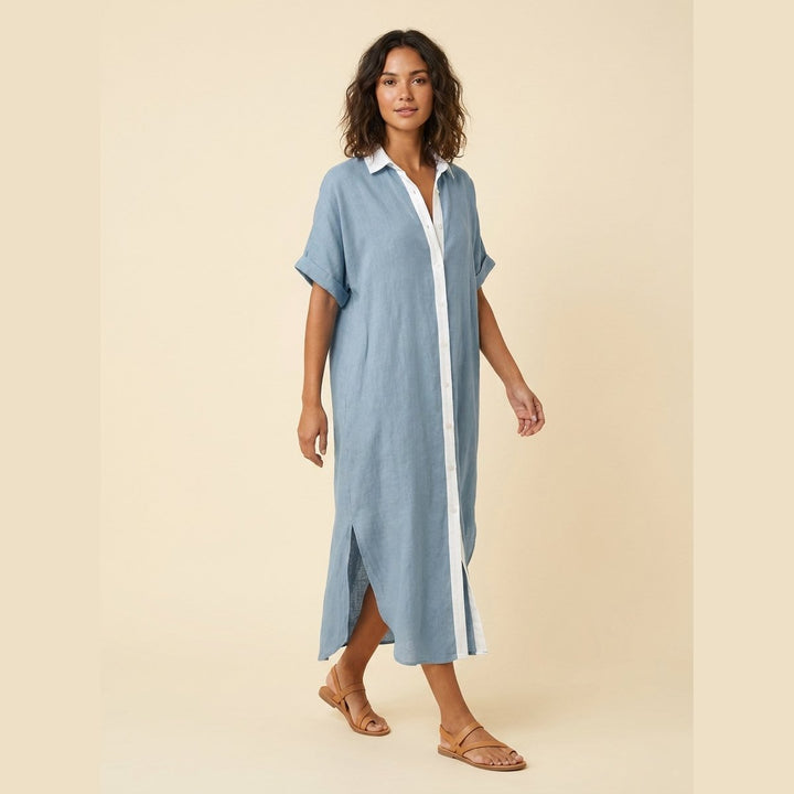 Ilse linen-blend shirt dress blue on model