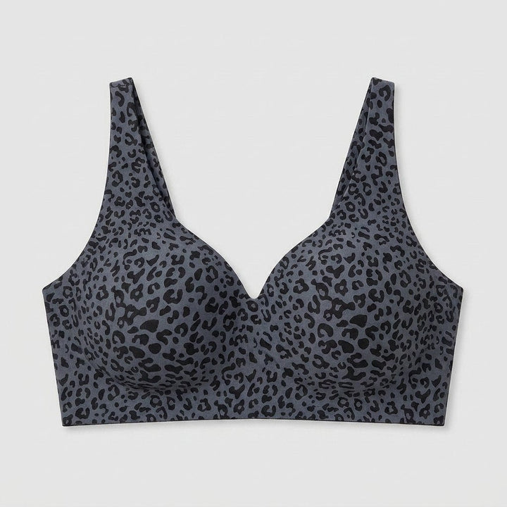 Imogen wireless V-neck bra in black leopard, flat lay