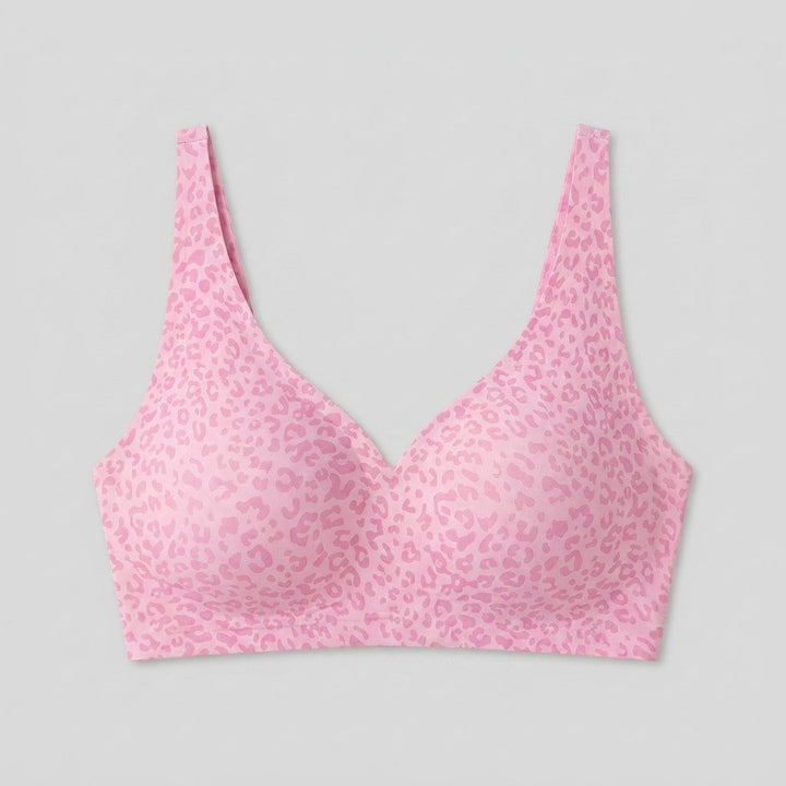Imogen wireless V-neck bra in pink leopard, flat lay