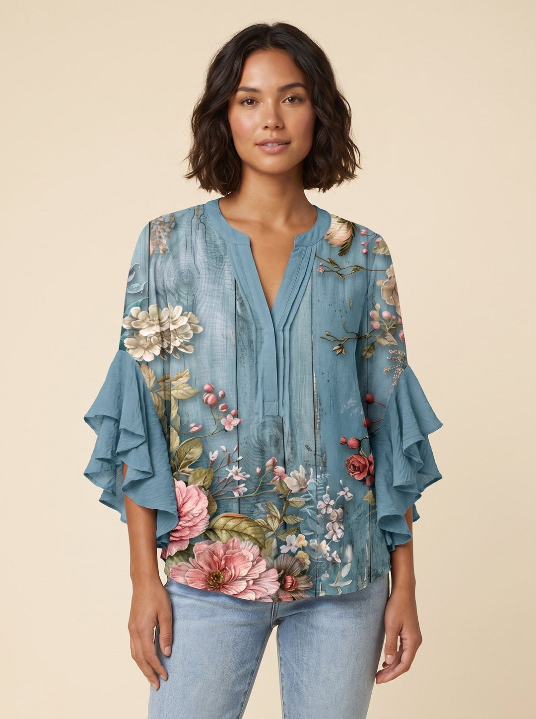 Isabella bohemian flutter-sleeve blouse in teal blue floral