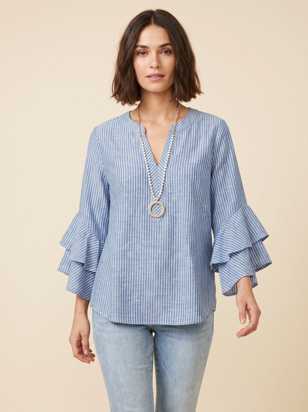 Isabella bohemian flutter-sleeve blouse in blue pinstripe