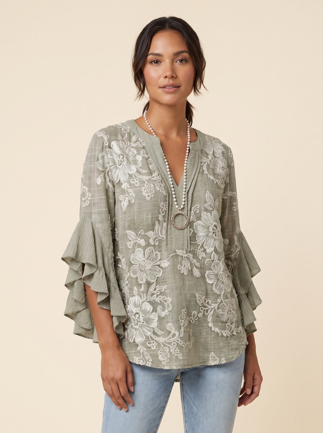 Isabella bohemian flutter-sleeve blouse in sage green floral