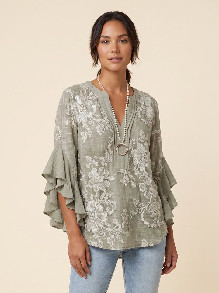 Isabella bohemian flutter-sleeve blouse in sage green floral