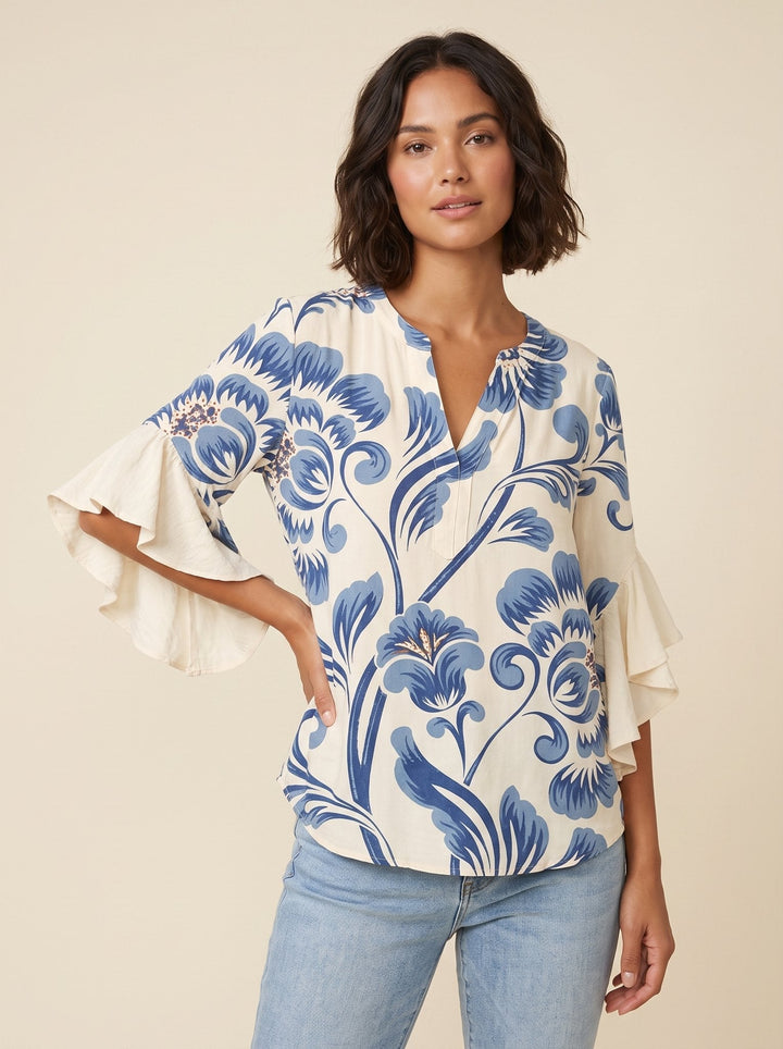 Isabella bohemian flutter-sleeve blouse in cream with blue print