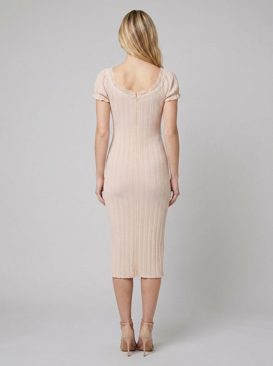 Beige knit mini dress, back view