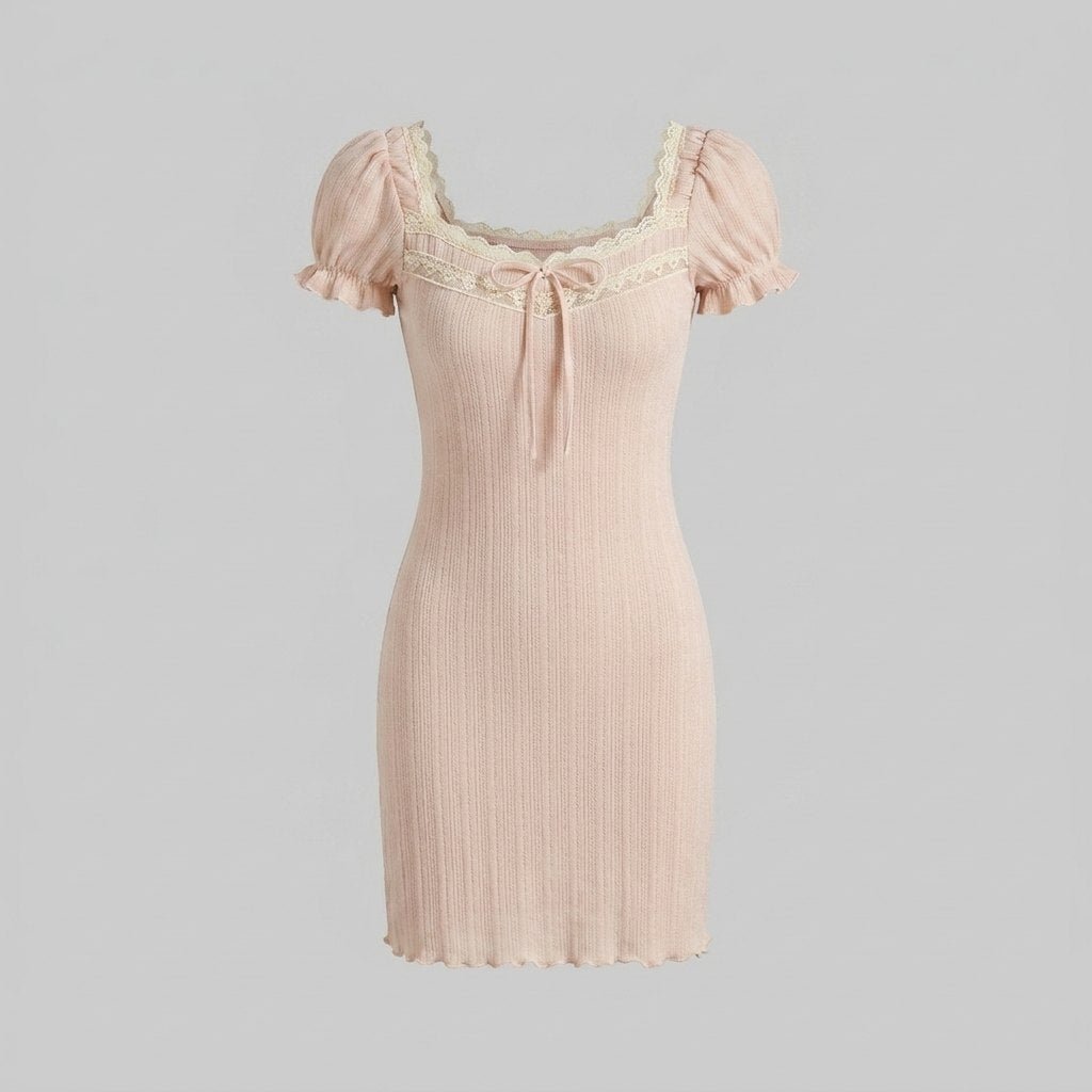 Beige knit mini dress, flat-lay product photo