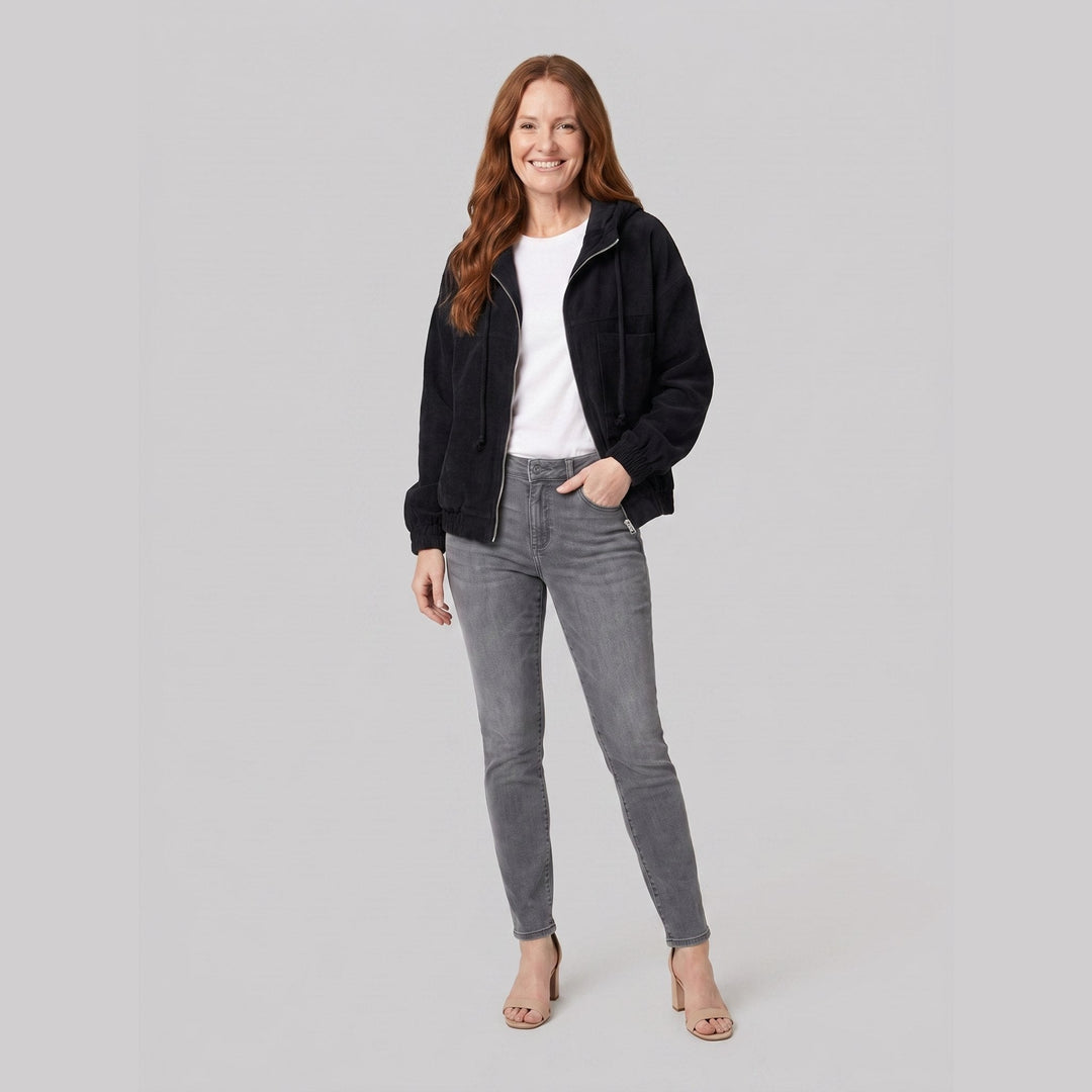 Ivy corduroy hooded zip jacket in black, front view