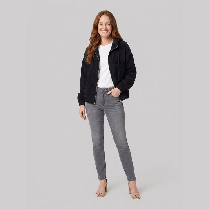Ivy corduroy hooded zip jacket in black, front view