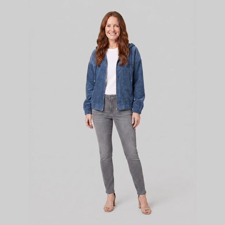 Ivy corduroy hooded zip jacket in blue, front view