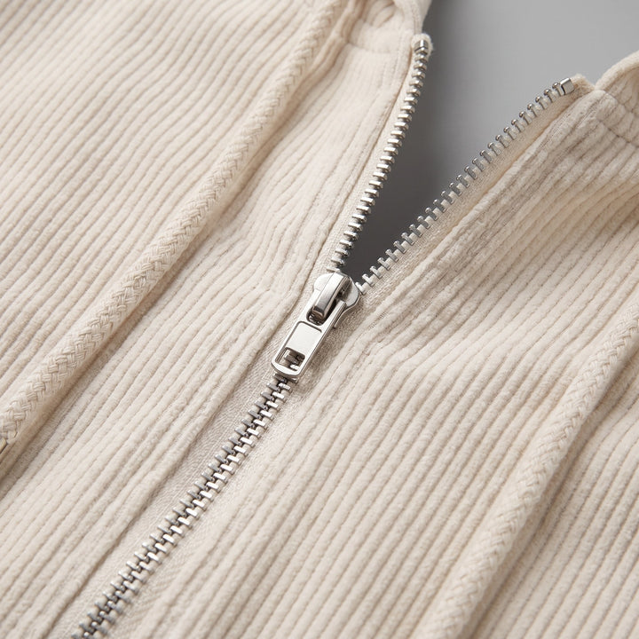 Ivy corduroy jacket fabric and zipper close-up