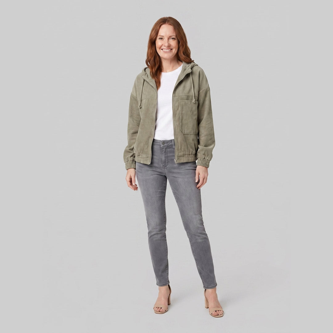 Ivy corduroy hooded zip jacket in green, front view
