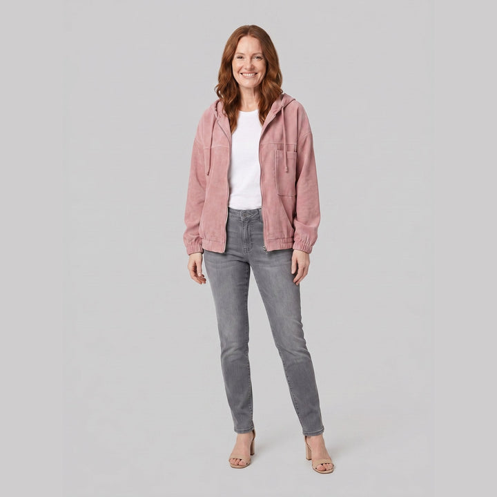 Ivy corduroy hooded zip jacket in pink, front view