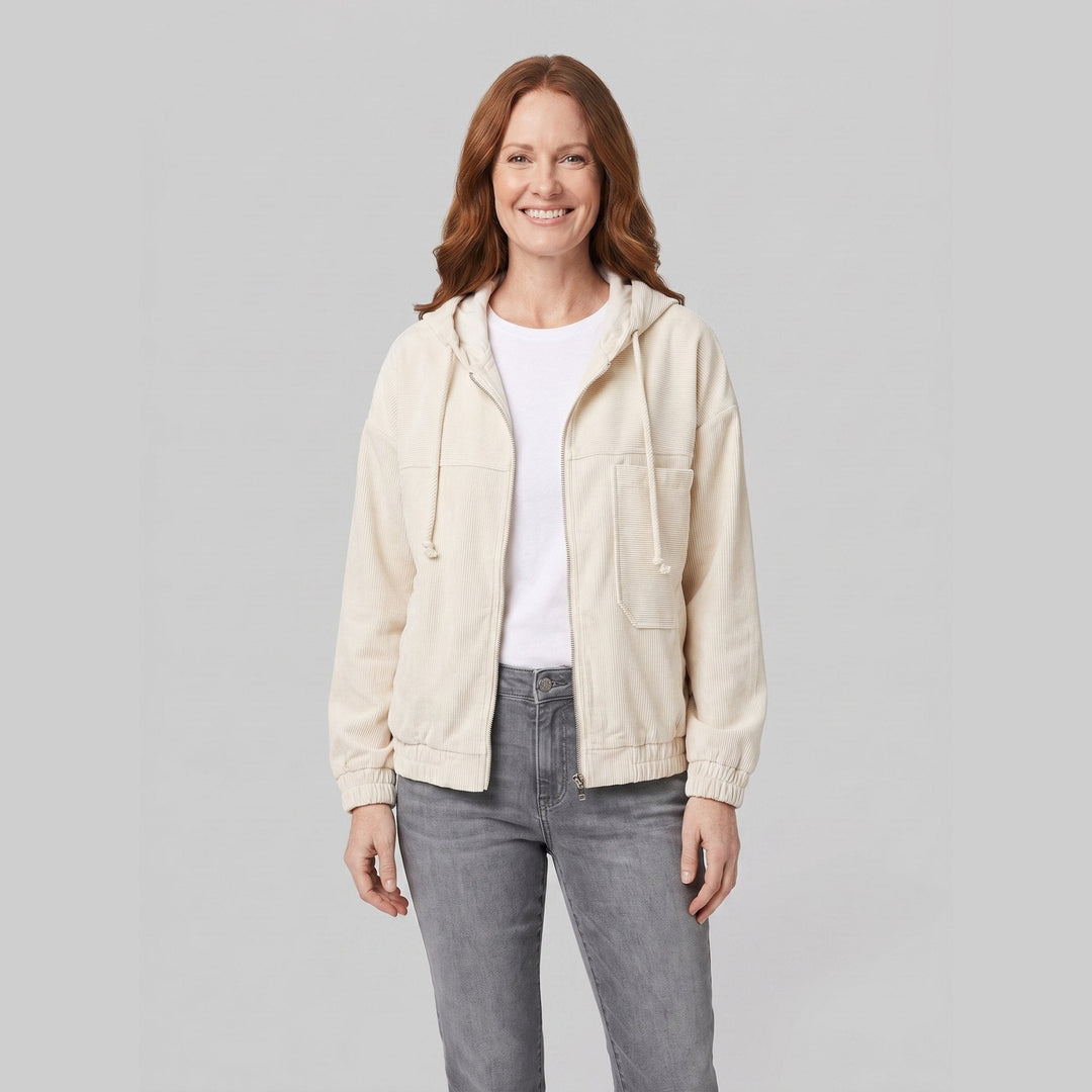 Ivy corduroy hooded zip jacket in white, front view