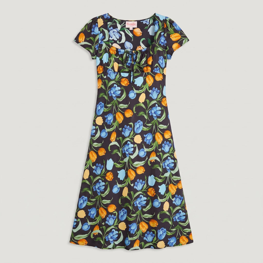 Ivy floral midi dress with square neckline and drawstring, flat lay