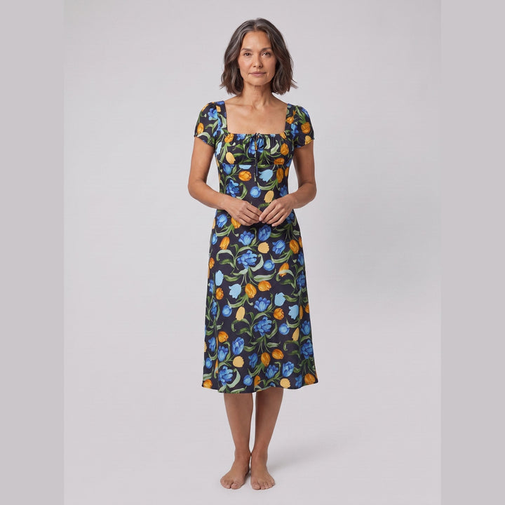 Ivy floral midi dress with square neckline, front view on model