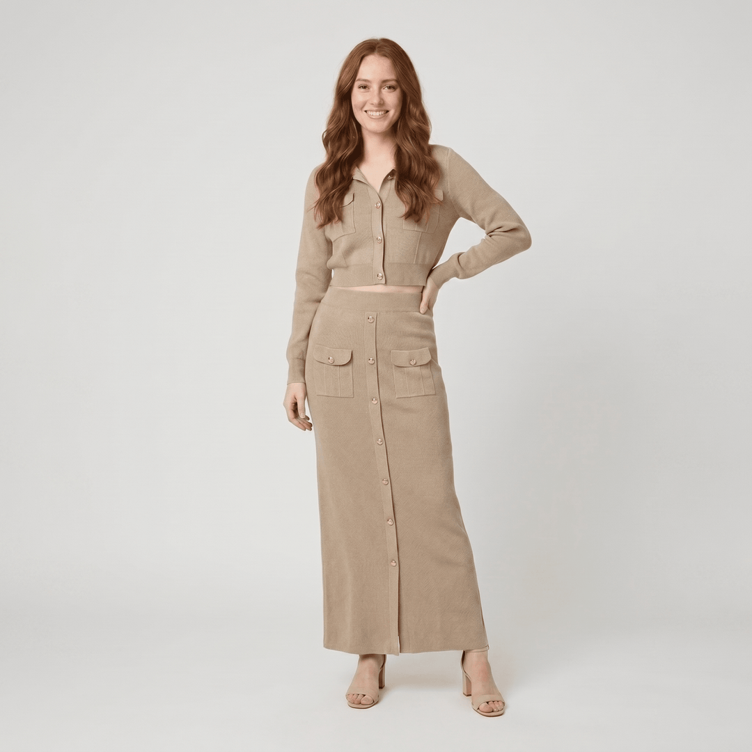 Jace beige knit button top and maxi skirt set