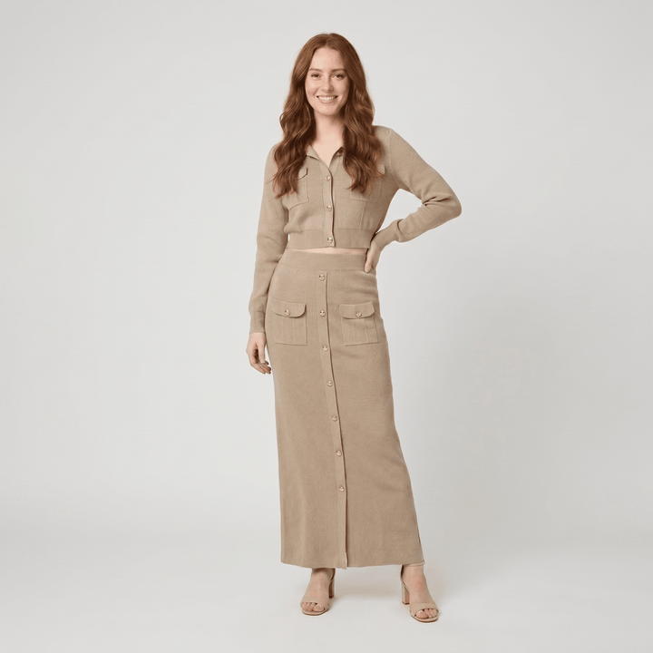 Jace beige knit button top and maxi skirt set