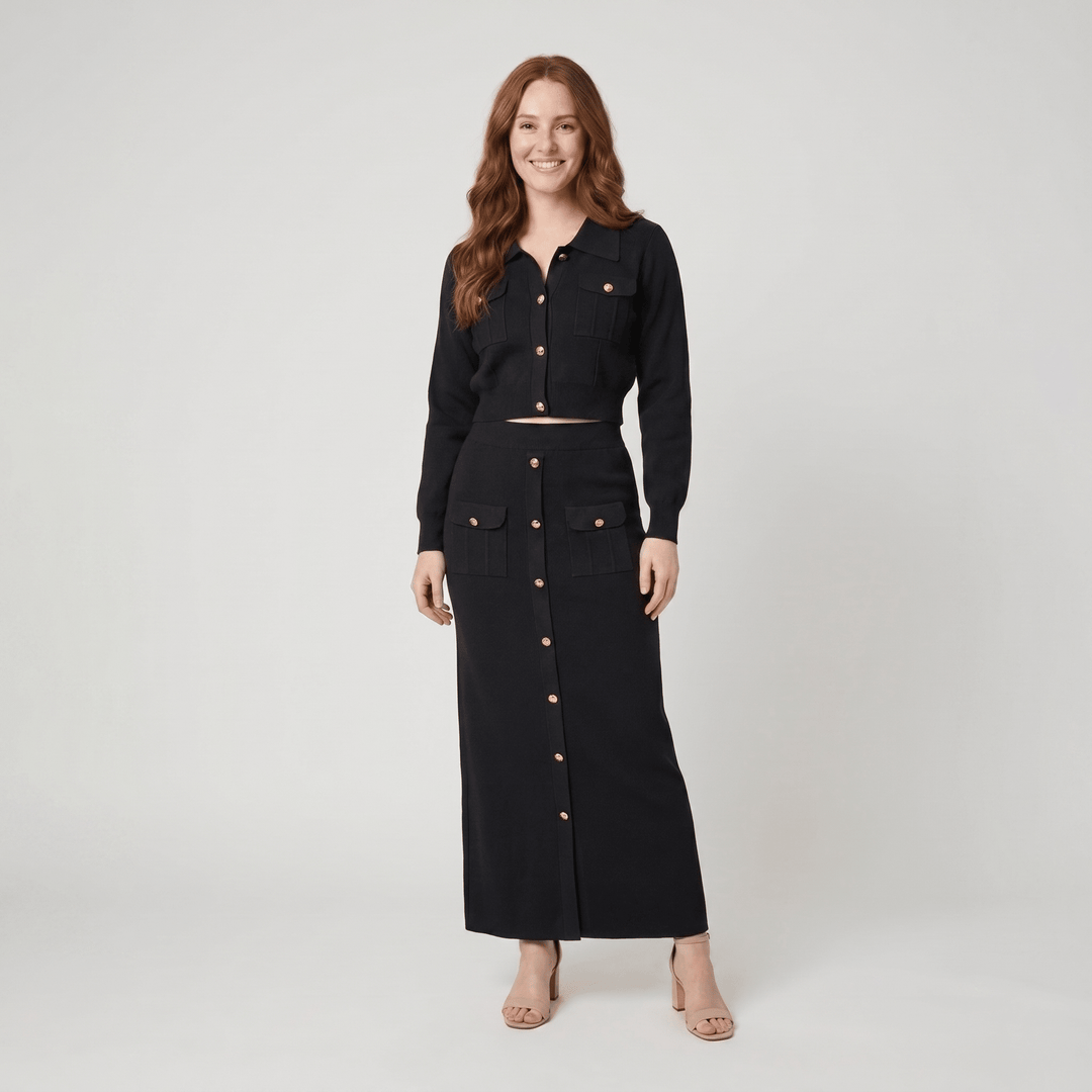 Jace black knit button top and maxi skirt set