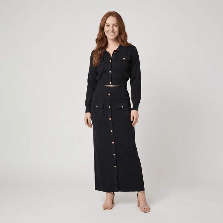 Jace black knit button top and maxi skirt set