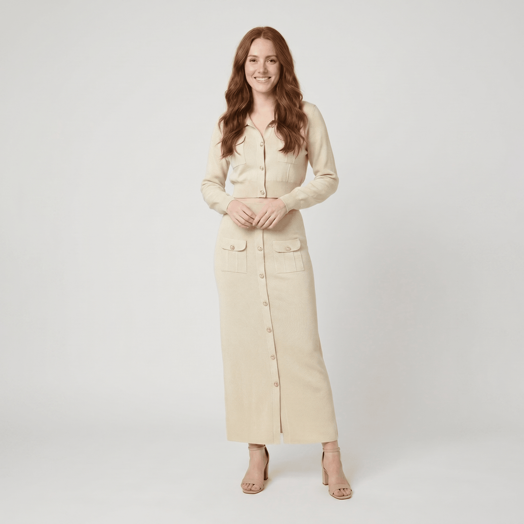 Jace cream knit button top and maxi skirt set