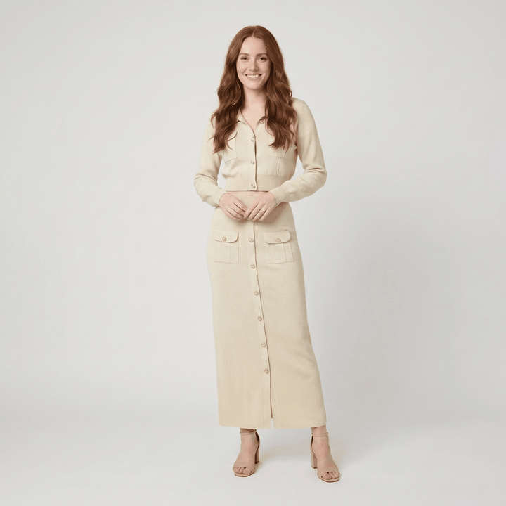 Jace cream knit button top and maxi skirt set