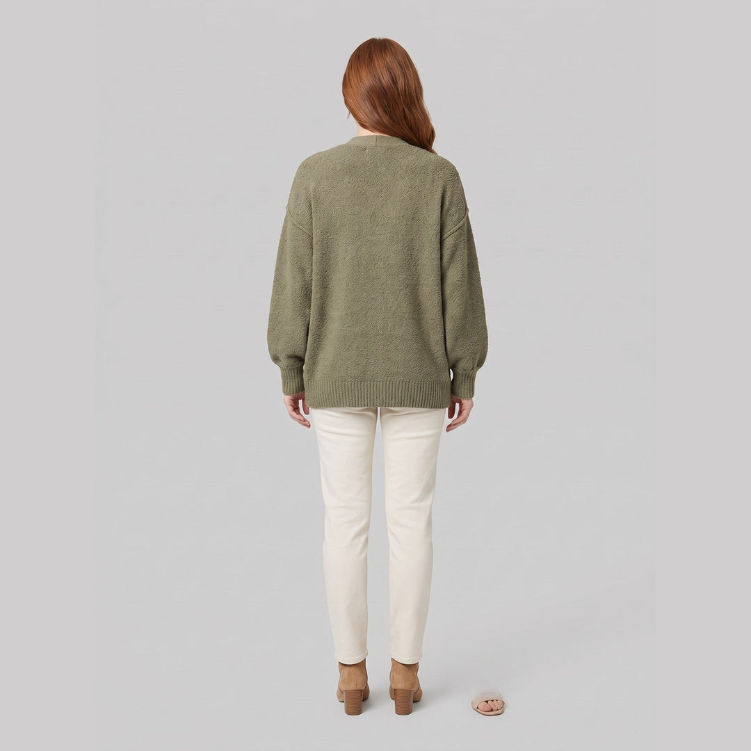 Oversized boucle cardigan, back view on model