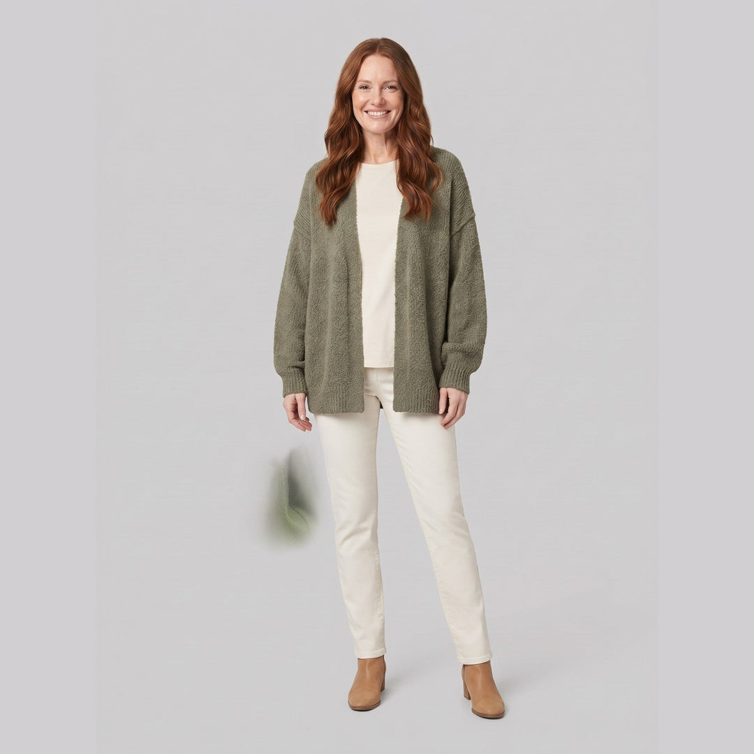 Olive green oversized boucle cardigan on model, front view