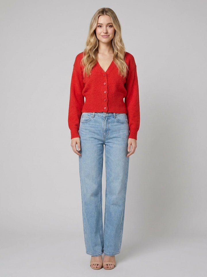 Jara oversized red knit cardigan front
