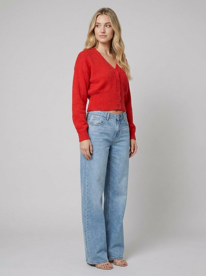 Jara oversized red knit cardigan side pose