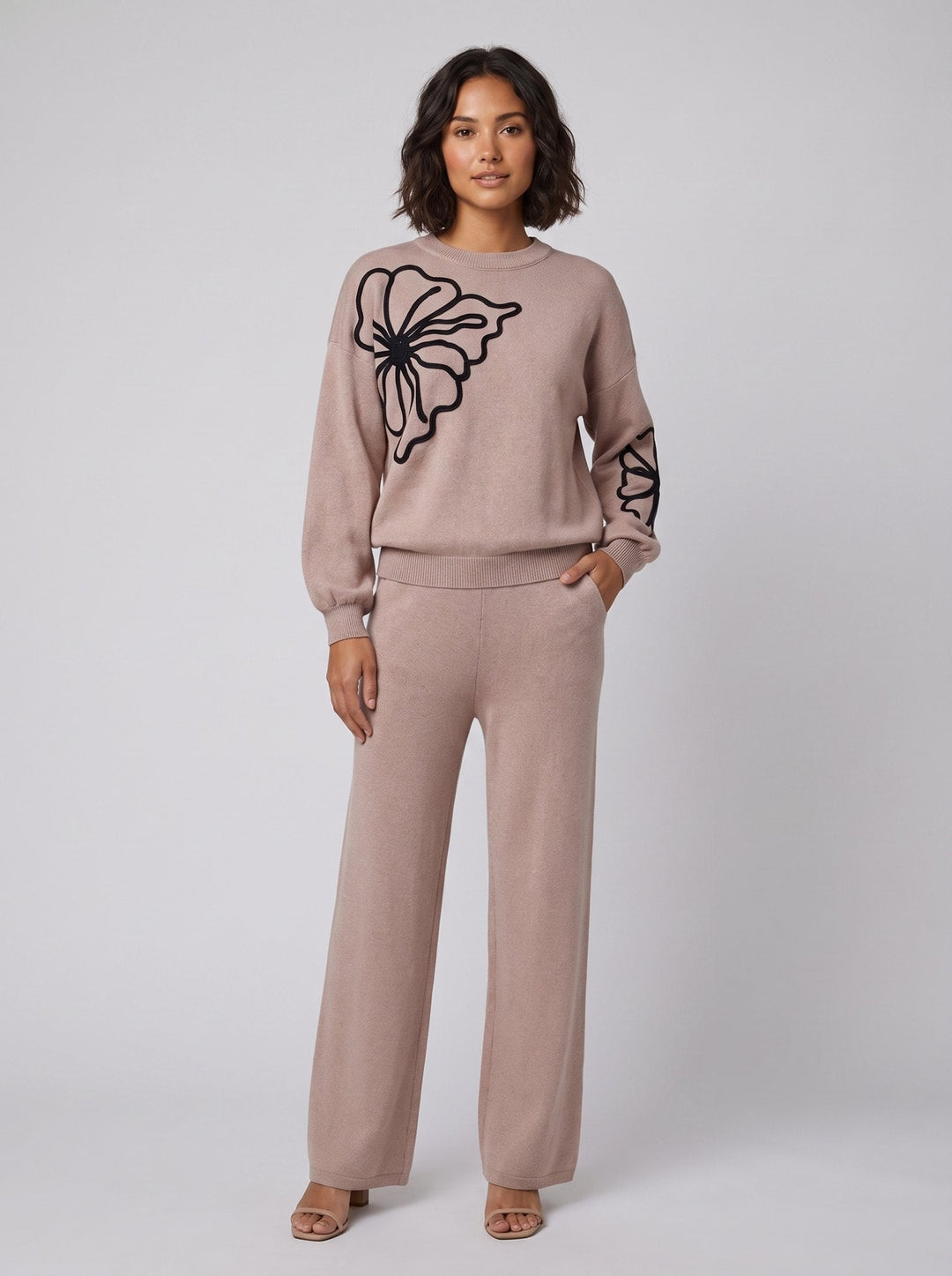 Jenna flower embroidered knit set beige - front on model
