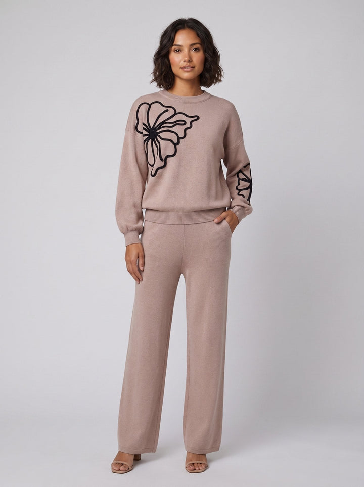 Jenna flower embroidered knit set beige - front on model
