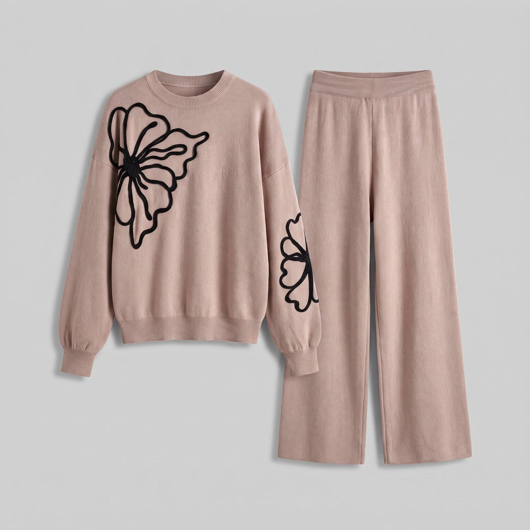 Jenna flower embroidered knit set beige - product flat lay