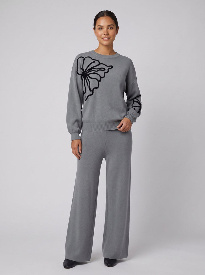 Jenna flower embroidered knit set gray - front on model