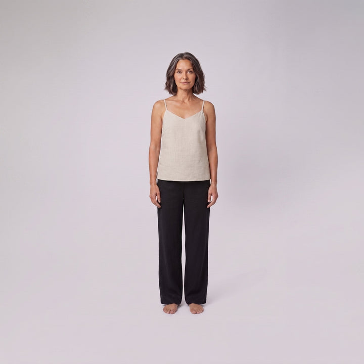 Jess V-neck linen camisole top in beige, front view on model