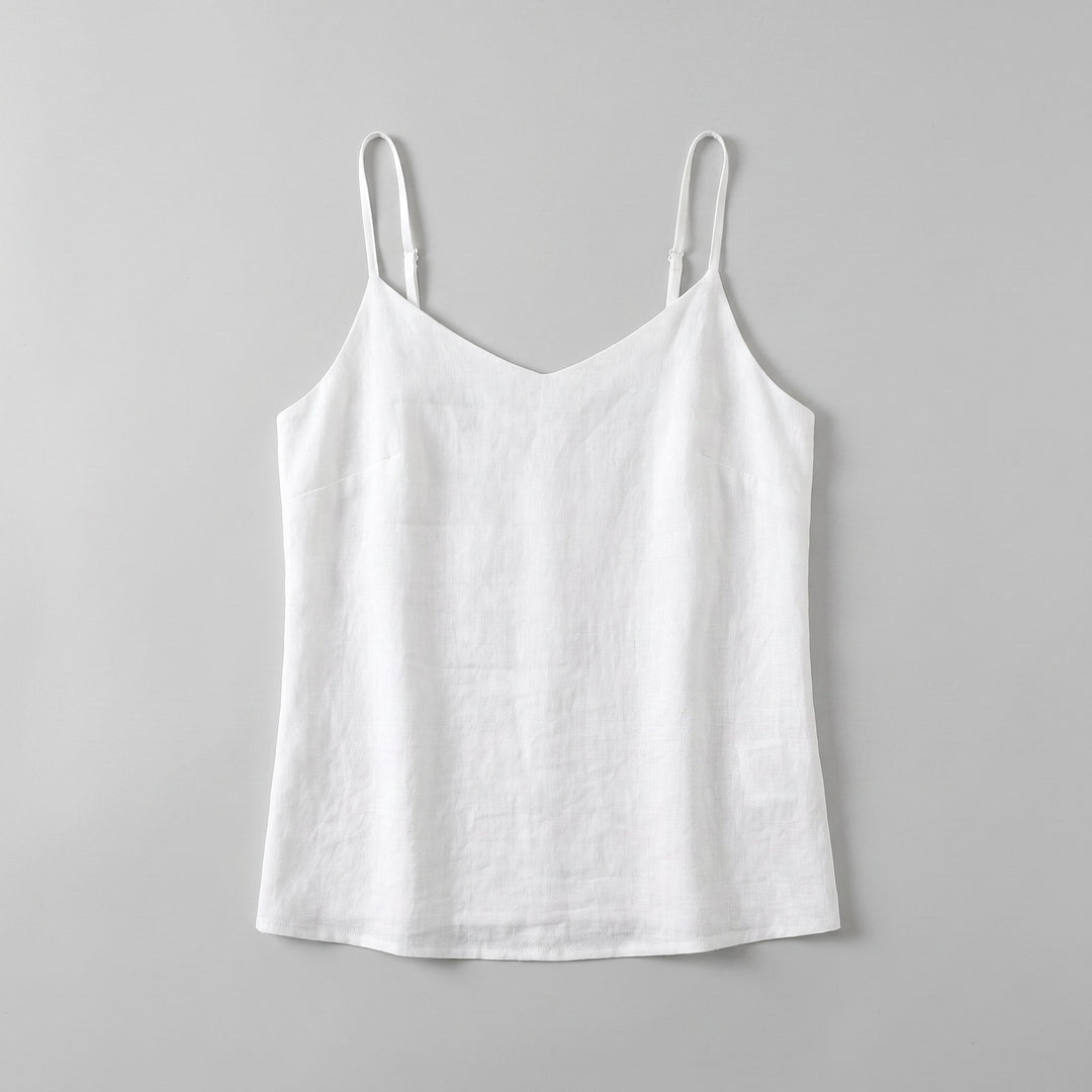 Jess V-neck linen camisole top in white, product flat-lay